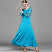 Women Hollow Lace Stitching Big Swing Party Dress Rumba Dance Costumes Waltz Dance Dresses Ballroom Gown - DancerInn