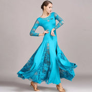 Women Hollow Lace Stitching Boat Neck Long Sleeves Waltz Dress Standard Ballroom Dance Costume Ball Dress Dance Clothes - DancerInn