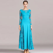 Women Hollow Lace Stitching Boat Neck Long Sleeves Waltz Dress Standard Ballroom Dance Costume Ball Dress Dance Clothes - DancerInn