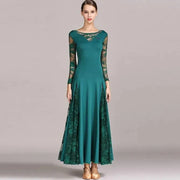 Women Hollow Lace Stitching Boat Neck Long Sleeves Waltz Dress Standard Ballroom Dance Costume Ball Dress Dance Clothes - DancerInn