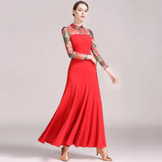 Women Big A Hemline Slim-fitting Pattern Gauze Long Sleeves Standard Ballroom Dress Waltz Tango Dance Costumes - DancerInn