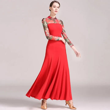 Women Big A Hemline Slim-fitting Pattern Gauze Long Sleeves Standard Ballroom Dress Waltz Tango Dance Costumes - DancerInn