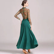 Women Big A Hemline Slim-fitting Pattern Gauze Long Sleeves Standard Ballroom Dress Waltz Tango Dance Costumes - DancerInn