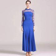 Women Big A Hemline Slim-fitting Pattern Gauze Long Sleeves Standard Ballroom Dress Waltz Tango Dance Costumes - DancerInn