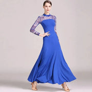 Women Big A Hemline Slim-fitting Pattern Gauze Long Sleeves Standard Ballroom Dress Waltz Tango Dance Costumes - DancerInn