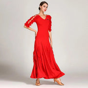 Women Cut-out Sleeves V-Neck Spandex Elegant Long Ballroom Dress Waltz Stage Dance Wear Modern Dance Costumes - DancerInn