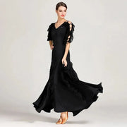 Women Cut-out Sleeves V-Neck Spandex Elegant Long Ballroom Dress Waltz Stage Dance Wear Modern Dance Costumes - DancerInn