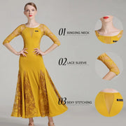 Women See-Through Hollow Lace Stitching Short Sleeves Red Tango Standard Ballroom Dress Waltz Rumba Dance Wear - DancerInn