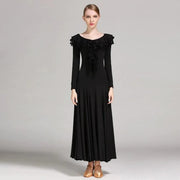 Women Layerd Back Ruffled Stitching Long Sleeves Ballroom Dress Standard Dance Clothing Stage Dance Wear - DancerInn