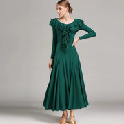 Women Layerd Back Ruffled Stitching Long Sleeves Ballroom Dress Standard Dance Clothing Stage Dance Wear - DancerInn