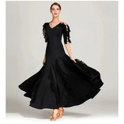 Women Cut-out Sleeves V-Neck Spandex Elegant Long Ballroom Dress Waltz Stage Dance Wear Modern Dance Costumes - DancerInn