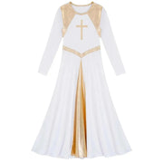 Kids Gold Color Block Loose Fit Full Length Church Party Worship Long Dresses for Girls - DancerInn