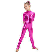 Kids Long Sleeve Metallic Unitards Stirrups Dance Gymnastics Leotards for Girls - DancerInn