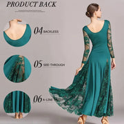 Women Hollow Lace Stitching Boat Neck Long Sleeves Waltz Dress Standard Ballroom Dance Costume Ball Dress Dance Clothes - DancerInn