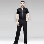 Men Professional Pure Black Straight Pocket and Belt Latin Modern Square Practice Dance Pants - DancerInn