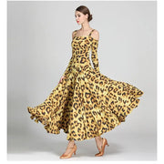 Women Leopard Bare Shoulder Backless Long Sleeves Evening Party Dresses Ballroom Gown Tango Costume Waltz - DancerInn