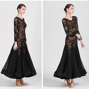 Women Hollow Lace Stitching V-Neck Ballroom Waltz Rumba Dresses Spanish Flamenco Dance Costumes - DancerInn