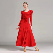 Women Layerd Back Ruffled Stitching Long Sleeves Ballroom Dress Standard Dance Clothing Stage Dance Wear - DancerInn