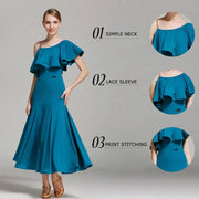 Women’s Ultra-fine Milk Silk Ruffled Neckline Inclined Shoulder Long Ballroom Dress - DancerInn