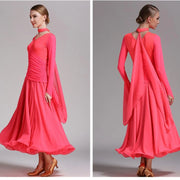 Women Neck Piece Flying Yarn Long Sleeves White Ballroom Dress Party Dress Waltz Rumba Costume Dance Clothing - DancerInn