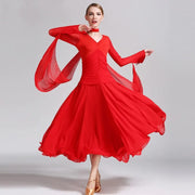 Women Neck Piece Flying Yarn Long Sleeves White Ballroom Dress Party Dress Waltz Rumba Costume Dance Clothing - DancerInn