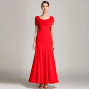 Women Special Neck Design Gauze Joint Lace Short Sleeves Long Hemline Ballroom Waltz Dresses for Foxtrot Flamenco Dance - DancerInn