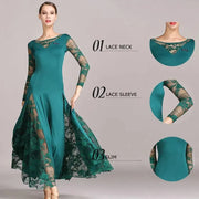 Women Hollow Lace Stitching Boat Neck Long Sleeves Waltz Dress Standard Ballroom Dance Costume Ball Dress Dance Clothes - DancerInn