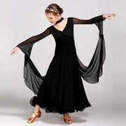 Kids Long Sleeve Romantic Floating Yarn Ballroom Dress Modern Dance Ballroom Dance Competition Dresses for Girls - DancerInn