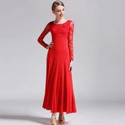 Women Hollow Lace Stitching Big Swing Party Dress Rumba Dance Costumes Waltz Dance Dresses Ballroom Gown - DancerInn