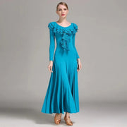 Women Layerd Back Ruffled Stitching Long Sleeves Ballroom Dress Standard Dance Clothing Stage Dance Wear - DancerInn