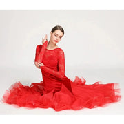 Women Hollow Lace Stitching Boat Neck Mermaid Dress Stage Dance Wear Latin Ballroom Dress Tango Costume Ball Gown - DancerInn