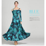 Women Leopard Bare Shoulder Backless Long Sleeves Evening Party Dresses Ballroom Gown Tango Costume Waltz - DancerInn