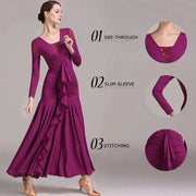 Women Lace Swallow-tailed Stitching Long Sleeves Standard Ballroom Dress Tango Costume Flamenco Dance Dresses Ball Gown - DancerInn
