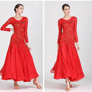 Women Hollow Lace Stitching V-Neck Ballroom Waltz Rumba Dresses Spanish Flamenco Dance Costumes - DancerInn