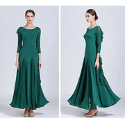 Women Chiffon Yarn V-Back Long Sleeves Party Dress Ball Gown Ballroom Waltz Dress Rumba Dance Costume Stage Dance Wear - DancerInn