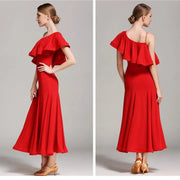 Women’s Ultra-fine Milk Silk Ruffled Neckline Inclined Shoulder Long Ballroom Dress - DancerInn