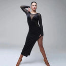 Long Sleeve Black Prom Dress With Deep V Neck Mesh Back For Latin, Tango and Salsa Dance - Black / M