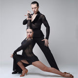 Load image into Gallery viewer, Women Black Gauze Stitching See-through Side Slit Rumba Dance Dress For Performance Latin Dance Clothes