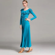 Women Layerd Back Ruffled Stitching Long Sleeves Ballroom Dress Standard Dance Clothing Stage Dance Wear - DancerInn