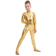 Kids Long Sleeve Metallic Unitards Stirrups Dance Gymnastics Leotards for Girls - DancerInn