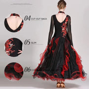 Women’s Black and Red Long Sleeves Ballroom Dance Dress with Exquisite Decals - DancerInn