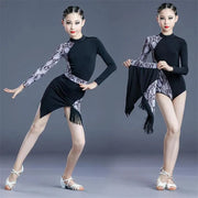 Girls Tassel Skirt Short Long Sleeve Leopard Ruma Samba Tango Dance Costumes Sets Latin Dance Dresses - DancerInn