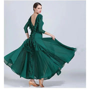 Women Chiffon Yarn V-Back Long Sleeves Party Dress Ball Gown Ballroom Waltz Dress Rumba Dance Costume Stage Dance Wear - DancerInn