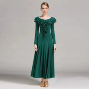 Women Layerd Back Ruffled Stitching Long Sleeves Ballroom Dress Standard Dance Clothing Stage Dance Wear - DancerInn