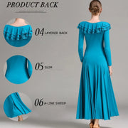 Women Layerd Back Ruffled Stitching Long Sleeves Ballroom Dress Standard Dance Clothing Stage Dance Wear - DancerInn
