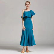 Women’s Ultra-fine Milk Silk Ruffled Neckline Inclined Shoulder Long Ballroom Dress - DancerInn