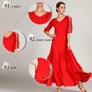 Women Cut-out Sleeves V-Neck Spandex Elegant Long Ballroom Dress Waltz Stage Dance Wear Modern Dance Costumes - DancerInn