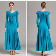 Women Layerd Back Ruffled Stitching Long Sleeves Ballroom Dress Standard Dance Clothing Stage Dance Wear - DancerInn