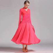 Women Neck Piece Flying Yarn Long Sleeves White Ballroom Dress Party Dress Waltz Rumba Costume Dance Clothing - DancerInn