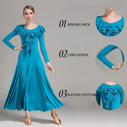 Women Layerd Back Ruffled Stitching Long Sleeves Ballroom Dress Standard Dance Clothing Stage Dance Wear - DancerInn